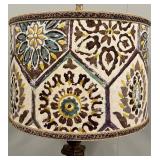 Antique-Style Floor Lamp with Ornate Carved Base & Colorful Patterned Drum Shade