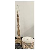 Antique-Style Floor Lamp with Ornate Carved Base & Colorful Patterned Drum Shade