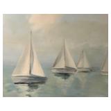 Five Sailboats Seascape Painting on Canvas - Turquoise Sea & Sky