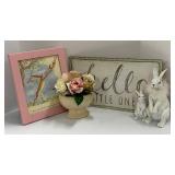 Hello Little One Sign & Rabbit Figurines with Floral Print Frame and Rose Vase