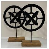 Pair of Metal Circle Decor Sculptures on Wood Bases