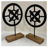 Pair of Metal Circle Decor Sculptures on Wood Bases