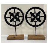 Pair of Metal Circle Decor Sculptures on Wood Bases