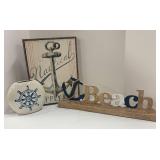 Beach Decor Bundle: Ship Wheel Vase, Beach Sign on Wood Base and Print