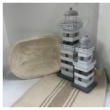 Bloomingville Wooden Bowl, Lighthouse Decor and Table Runner