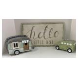 Creative Co-Op Hello Little One Sign, Trailer Birdhouse & Green Bus Planter