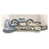 Vintage Johnson Brothers Willow Pattern Blue & White Dinnerware Set - Plates, Bowls & Cups