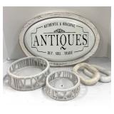 Antiques Sign, Original with Pair of White Lattice Bowls and Marble Ring Decor
