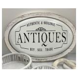 Antiques Sign, Original with Pair of White Lattice Bowls and Marble Ring Decor