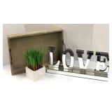Mirrored Love Sign with Wood Tray & Faux Greenery