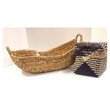 Two Woven Baskets - Long Oval Open-Weave & Square Lidded Pattern
