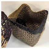 Two Woven Baskets - Long Oval Open-Weave & Square Lidded Pattern