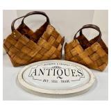 Two 18x11 Woven Baskets & Antique Sign