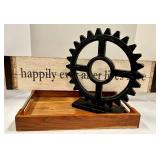 Gear Wheel Sculpture & Sign with Wooden Tray