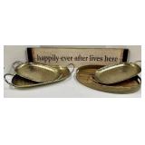 Happily Ever After Lives Here Sign,  Oval Gold Hammered Serving Trays with Handles plus a wood Tray