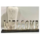 White Ceramic Vase with Embossed Rope Pattern - Decorative Home Accent Welcom Sign