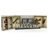 Pressed Leaf Frame Set (5) & 2 Chrome Glass Candle Display Cases / Lanterns & Welcome Sign