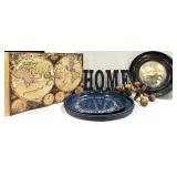 Vintage World Map Book, But First Coffee Tray, HOME Sign & Brass Jacks Sculptures
