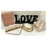 Love & Family Word Signs Decor Set with Gold Rim Dishes & Floral Gift Box