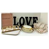 Love & Family Word Signs Decor Set with Gold Rim Dishes & Floral Gift Box