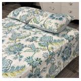 Queen Bedspread Set with 2 Pillow Shams - Floral Teal & Blue Quilt Pattern