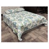 Queen Bedspread Set with 2 Pillow Shams - Floral Teal & Blue Quilt Pattern