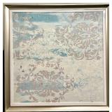 Framed Damask Wall Art in Blue & Cream with Silver Frame
