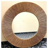 Round Wall Mirror with Textured Brown Rattan Frame