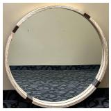 Round Wall Mirror with Light Wood Frame & Dark Inlays