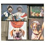 Dog Wall Art Set - 4 Framed Prints: Regal Duo, Chalkboard Dogs, Basketball Dog, Baseball Cap Dog