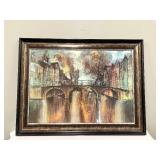 Framed City Bridge Landscape Painting - Autumn River Scene