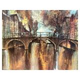Framed City Bridge Landscape Painting - Autumn River Scene