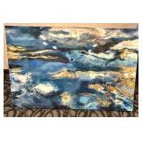 Abstract Blue Ocean Canvas Painting with Gold Leaf Accents