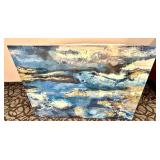 Abstract Blue Ocean Canvas Painting with Gold Leaf Accents