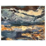 Abstract Blue Ocean Canvas Painting with Gold Leaf Accents