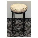 Stool - 24 in H x 13 in Dia, Distressed Wood Seat & Black Metal Frame