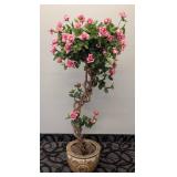Faux Rose Topiary in Chinese Planter - 54" Tall Plant, 9.5" H Planter, 12" Dia
