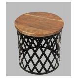 Round Wood-Top Accent Table - Black Metal Lattice Base, 18 in H x 18 in Dia
