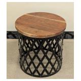 Round Wood-Top Accent Table - Black Metal Lattice Base, 18 in H x 18 in Dia