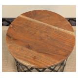 Round Wood-Top Accent Table - Black Metal Lattice Base, 18 in H x 18 in Dia