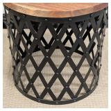 Round Wood-Top Accent Table - Black Metal Lattice Base, 18 in H x 18 in Dia