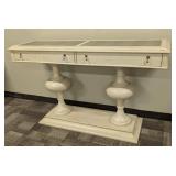 Bassett Cream Painted Wood Console Table - 64 in L x 18 in D x 38 in H - Glass Top Panels