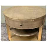 Round Gold Painted Wood Side Table - 25" H x 28" Dia - 3-Tier End Table With Drawer