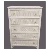 White Painted Wicker Dresser - 5-Drawer, W 34 In x D 19 In x H 57 In