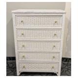 White Painted Wicker Dresser - 5-Drawer, W 34 In x D 19 In x H 57 In