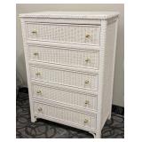 White Painted Wicker Dresser - 5-Drawer, W 34 In x D 19 In x H 57 In