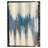 Abstract Painting - Blue & Gray Vertical Artwork, Framed 32 x 47 in