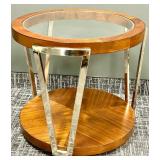 End Table - Round Wood & Glass with Metal Frame #1