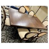 Dark Wood Dining Table & 6 Upholstered Chairs