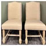 Pair of Beige Upholstered Dining Chairs & Nailhead Trim on Wood Legs